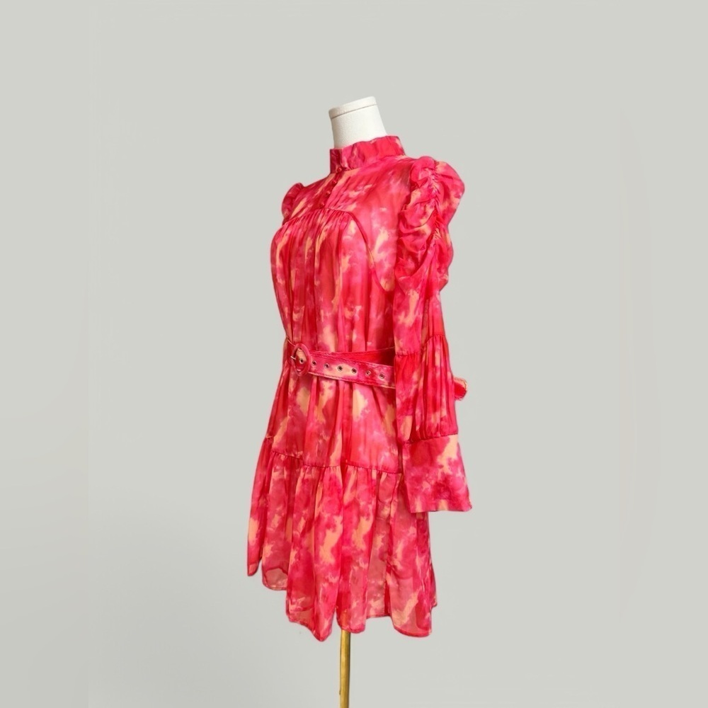 Dress Women Size Large Pink Tie Dye Mini Ruffle Long Sleeves Tiered Skirt Sheer - Picture 7 of 15